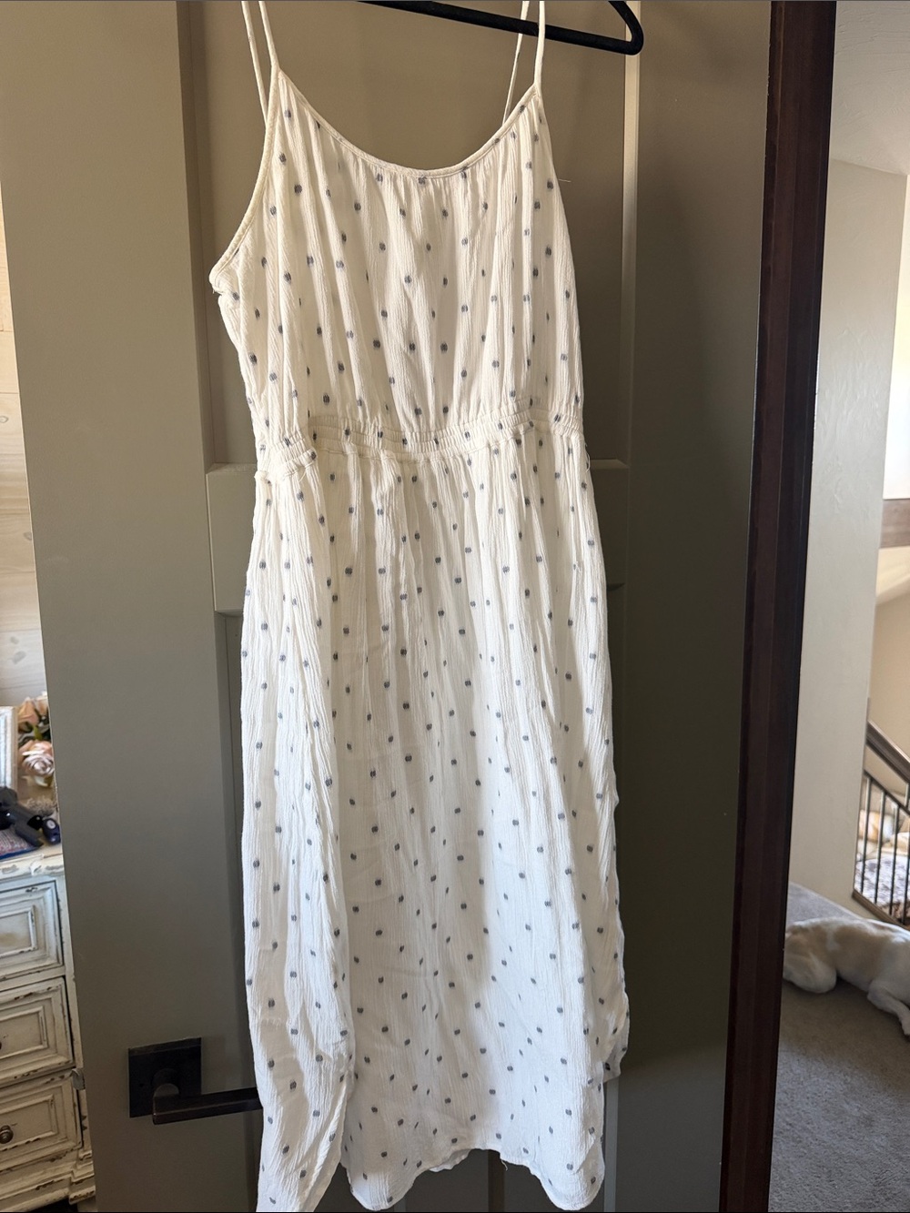 LOFT White Midi Dress with Navy Dot Print